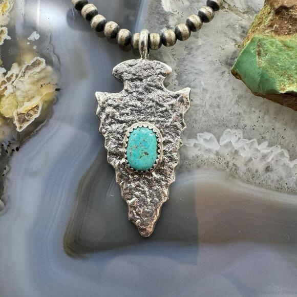 Gary Custer Navajo Sterling Silver Tufa Cast Turquoise Arrowhead Uni Pendant #2 - Picture 1 of 10